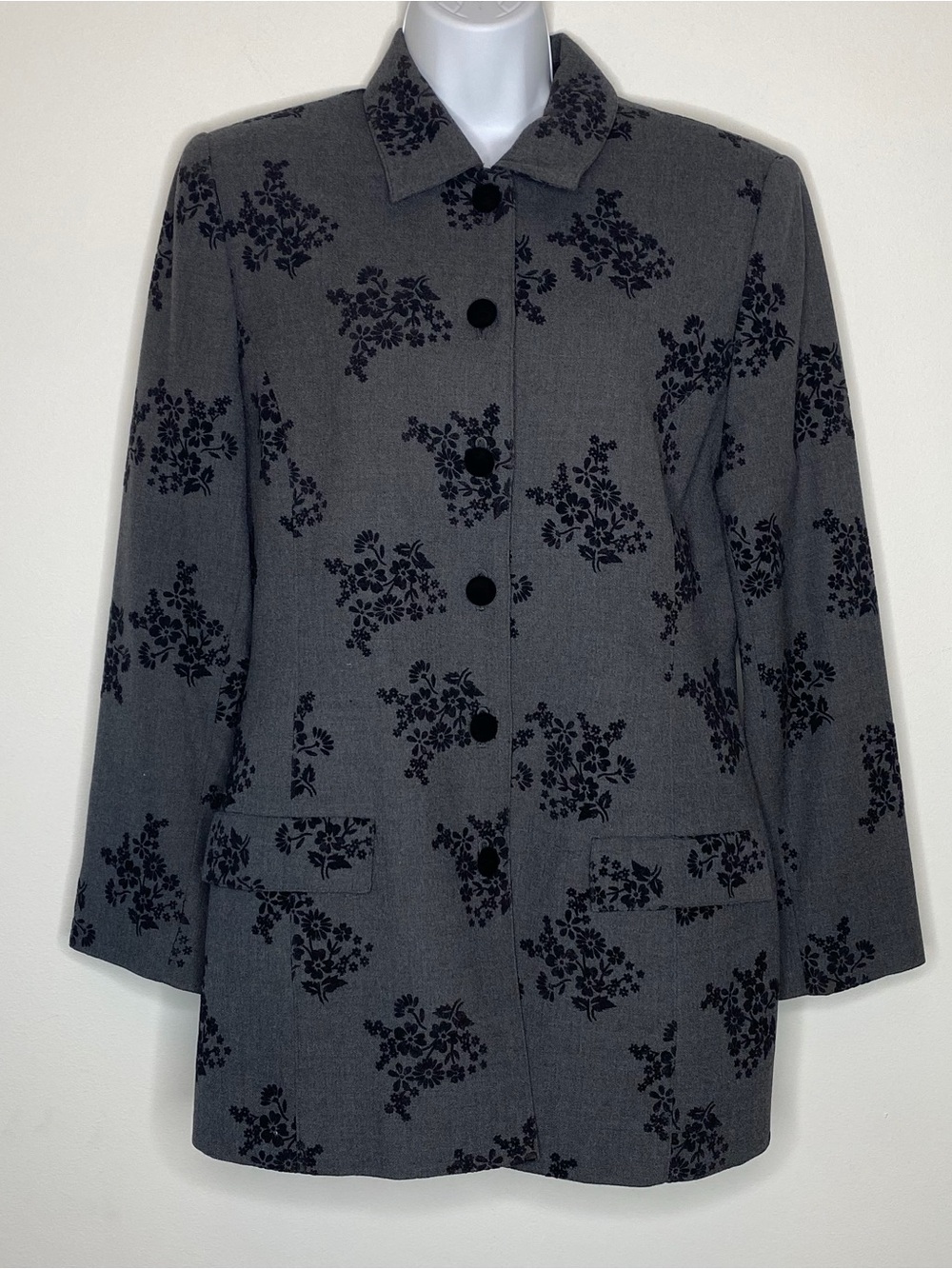 Amanda Smith Vintage Pure Wool Charcoal Grey Flocked Black Floral Blazer Jacket